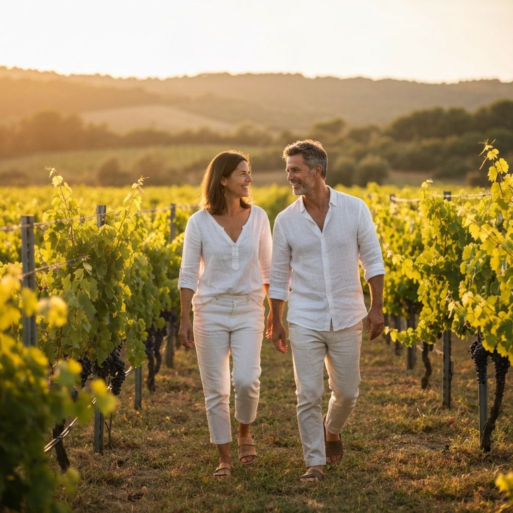 Pareja en viñedo al atardecer